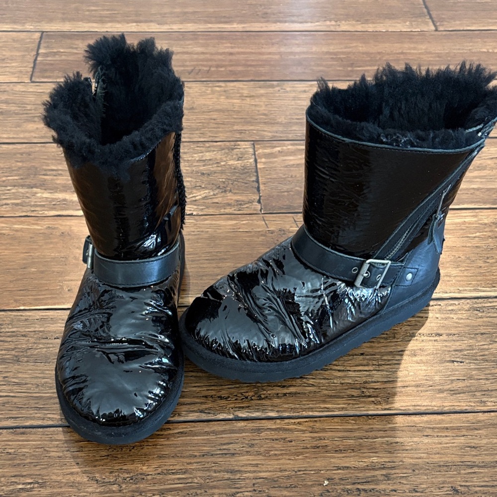 UGG Black Patent Short Shearling Boots